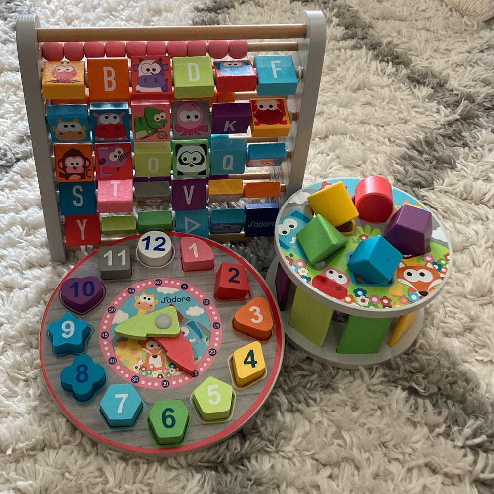 J'adore Wood 3 in 1 Baby Gift Set with Abacus, Turtle Pull Toy and Clock